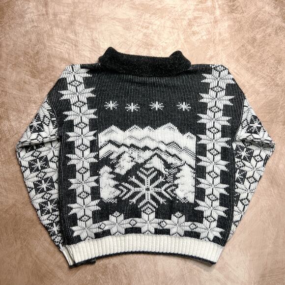 Vintage 70s Grand Knitwear Fair Isles Mountain Ski Sweater Collared Black White - Picture 2 of 7